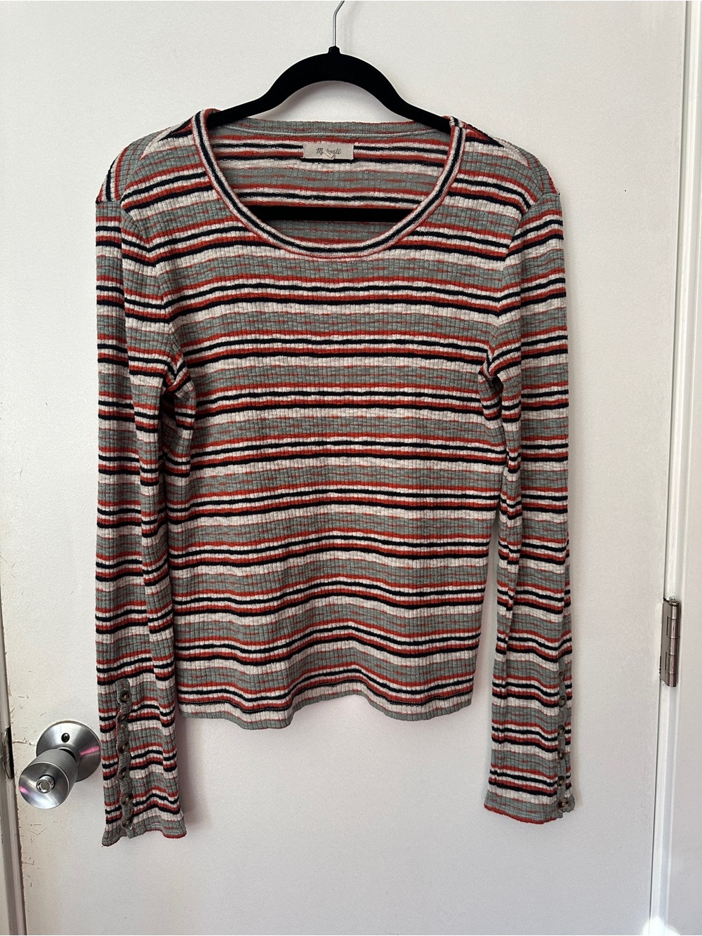 Madewell Striped Ribbed Long Sleeve Top - Red, Gray, Navy, Cream - Picture 2 of 8